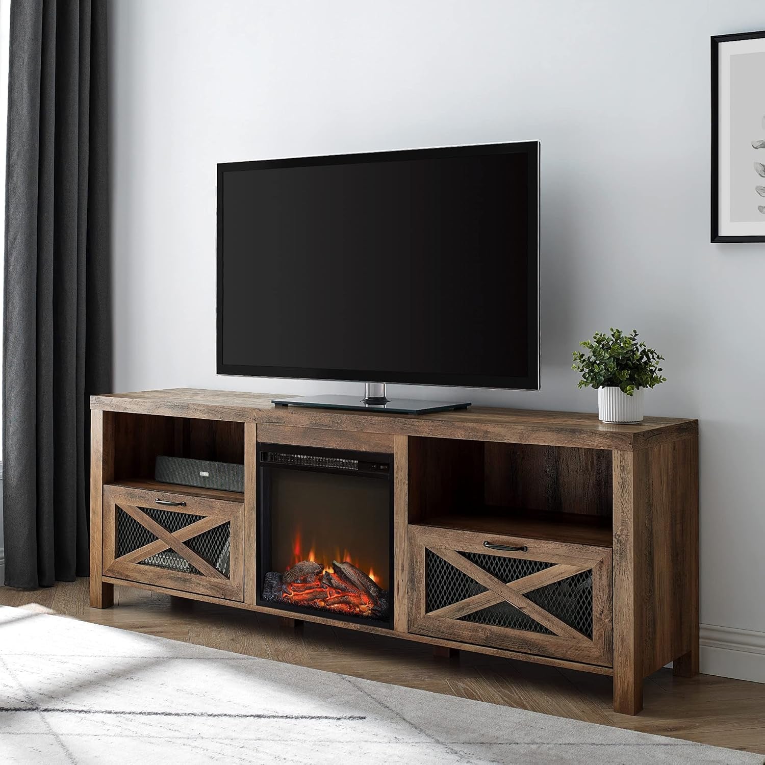 Calgary Industrial Farmhouse X-Drawer Metal Mesh and Wood Fireplace TV Stand for Tvs up to 80 Inches, 70 Inch, Rustic Oak