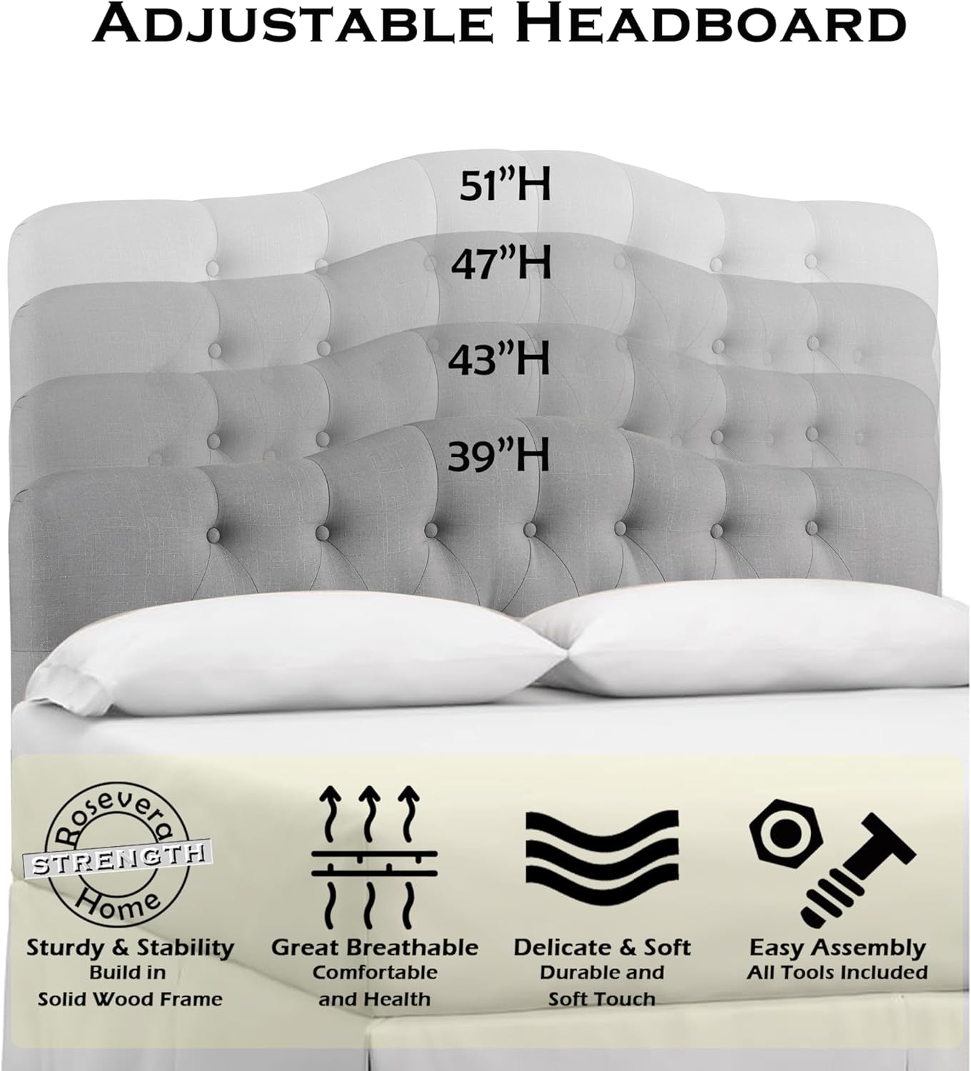 Givanna Adjustable Heigh Headboard with Linen Upholstery and Button Tufting for Bedroom,Queen,Dove Gray