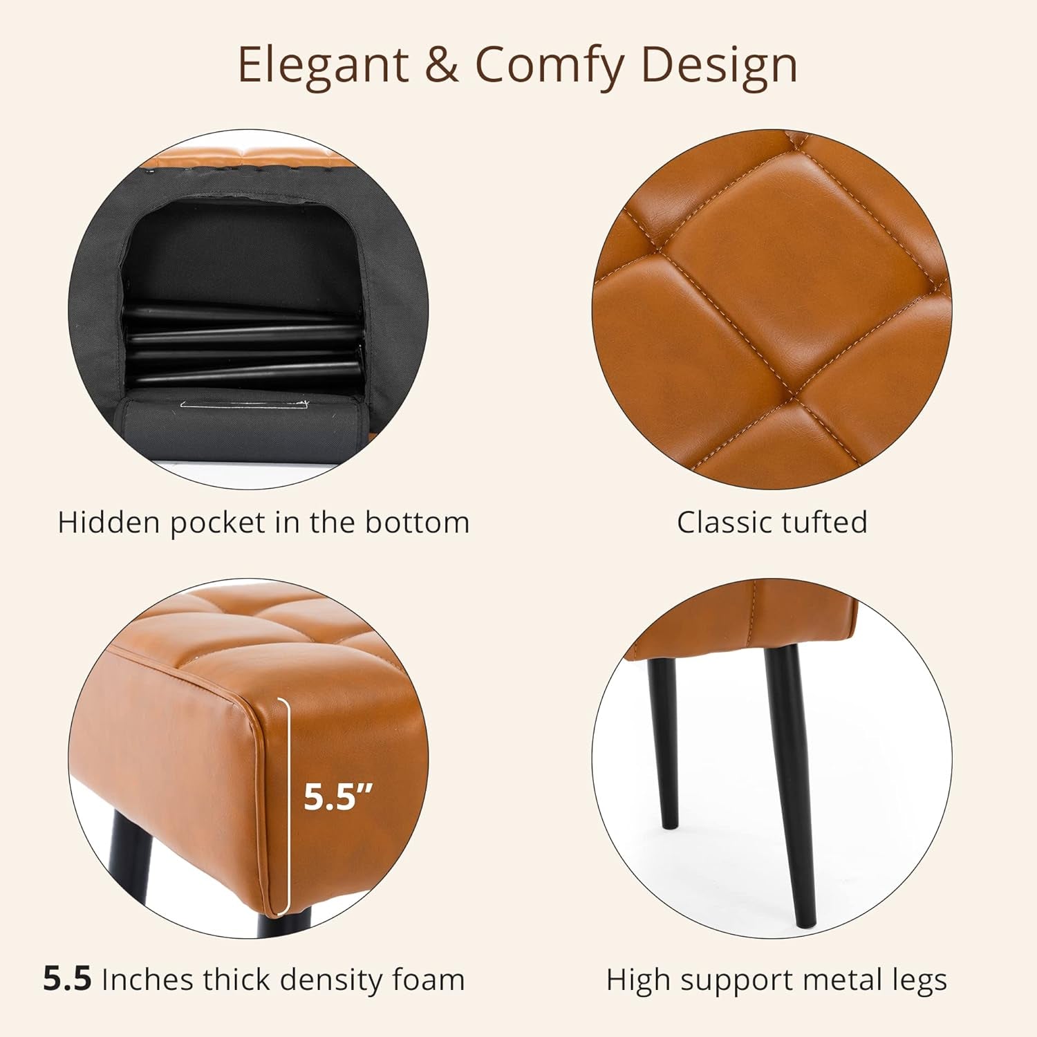 Entryway Bench, 44.5'' Leather Upholstered Bedroom Benches, End of Bed Bench with Metal Legs, Living Room, Dining Room, Whiskey Brown
