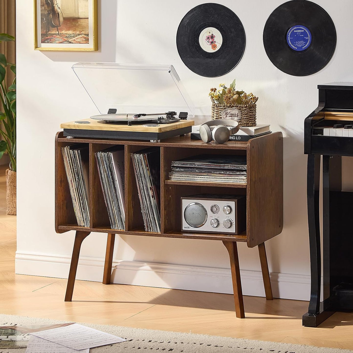 Record Player Stand with 4 Cabinet Holds up to 220 Albums, Large Turntable Stand with Beech Wood Legs, Mid-Century Record Player Table,Brown Vinyl Holder Storage Shelf for Bedroom Living Room