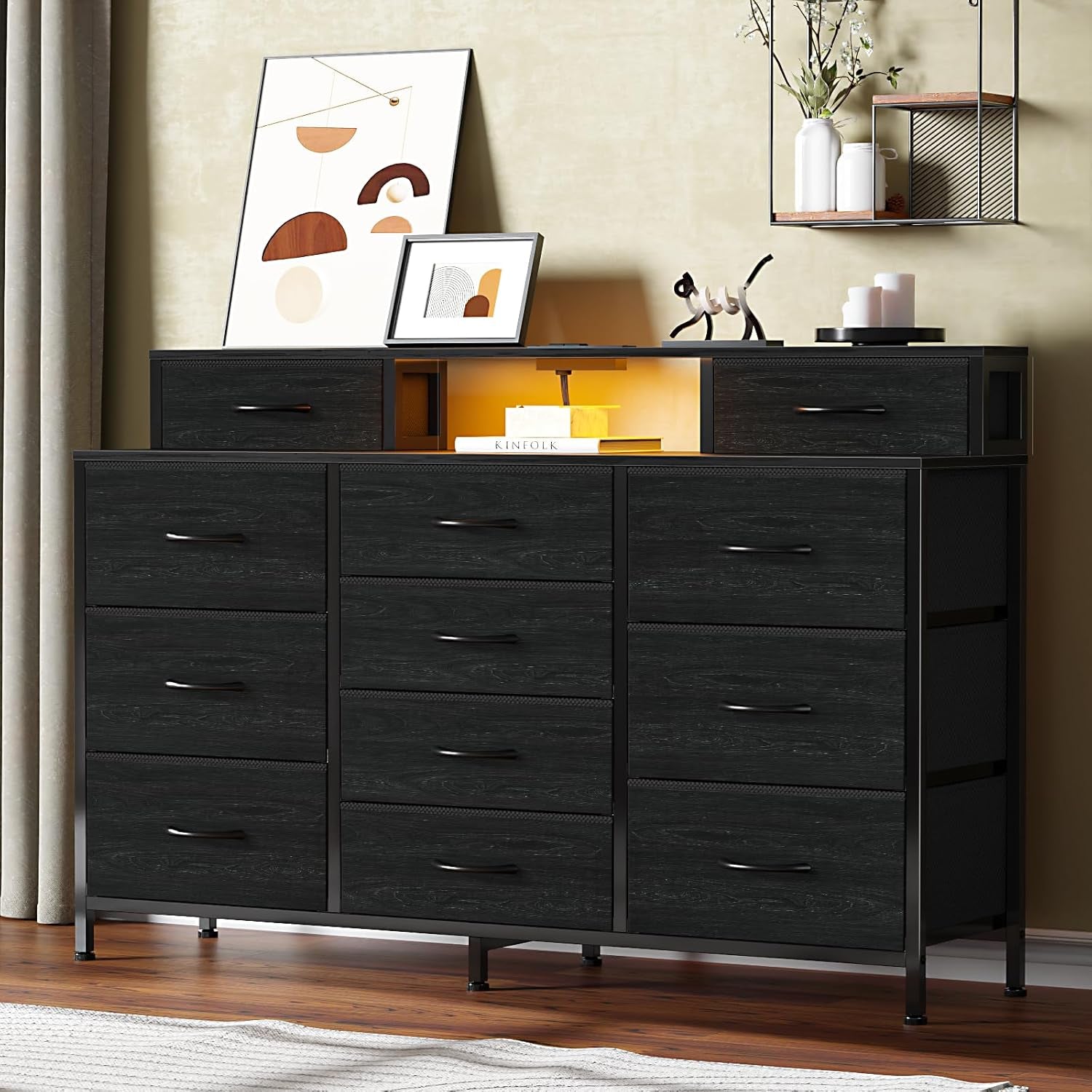 55" W Dresser for Bedroom with LED Lights and Power Outlets,Black Large 12 Storage Drawers Long Fabric Chests Dressers with 2 Shelves for Closet,Living Room,Entryway,Wooden Top,Metal Frame