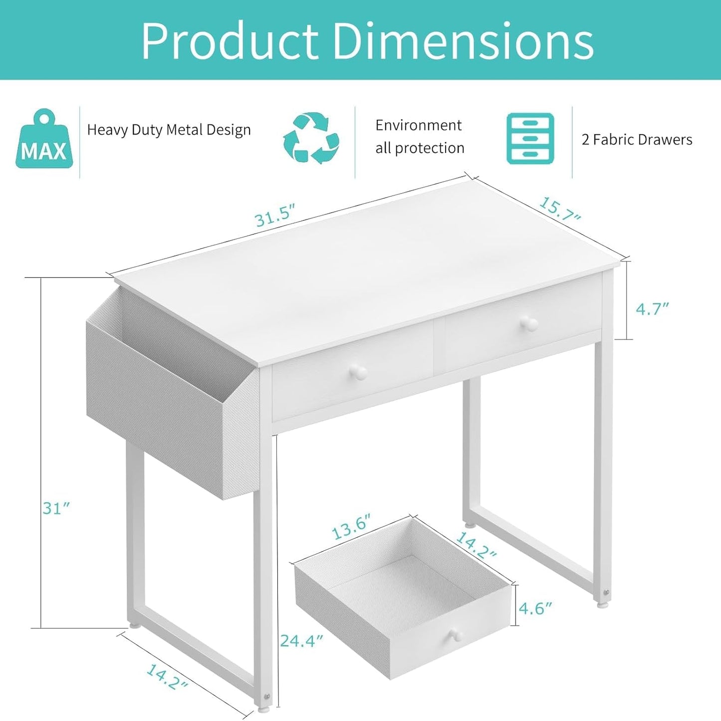Small White Kids Desk with Drawers for Bedroom, 32 Inch Home Office Desks with Fabric Storage Drawer and Bag, Study Writing Vanity Table for Small Spaces, White