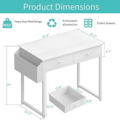 Small White Kids Desk with Drawers for Bedroom, 32 Inch Home Office Desks with Fabric Storage Drawer and Bag, Study Writing Vanity Table for Small Spaces, White