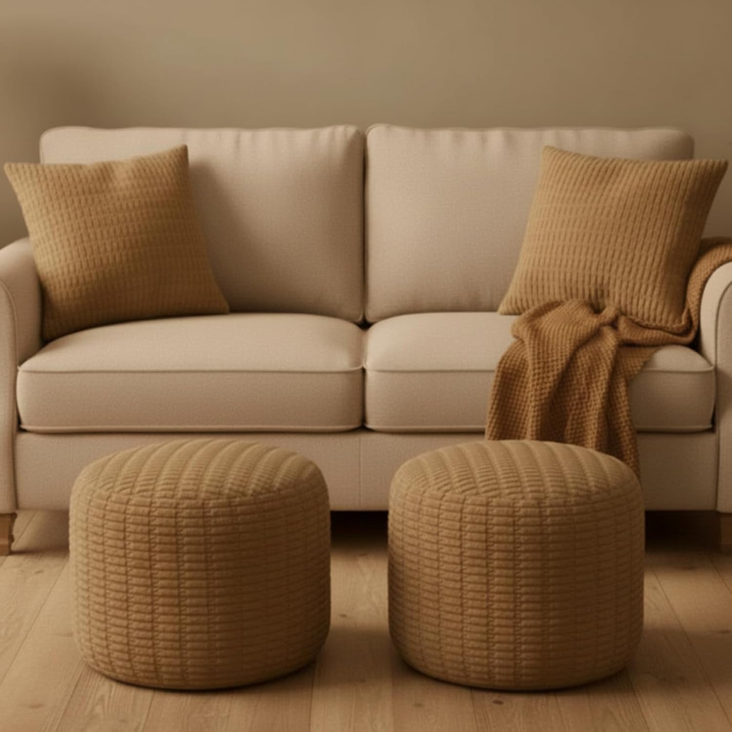 2 Pcs 20 X 15 Inch Unstuffed Ottoman Pouf Cover Corduroy Foot Rest - No Filler, Striped Foot Stool Floor Bean Bag Floor Chair Storage for Modern Farmhouse Bedroom Home Decor (Light Brown)