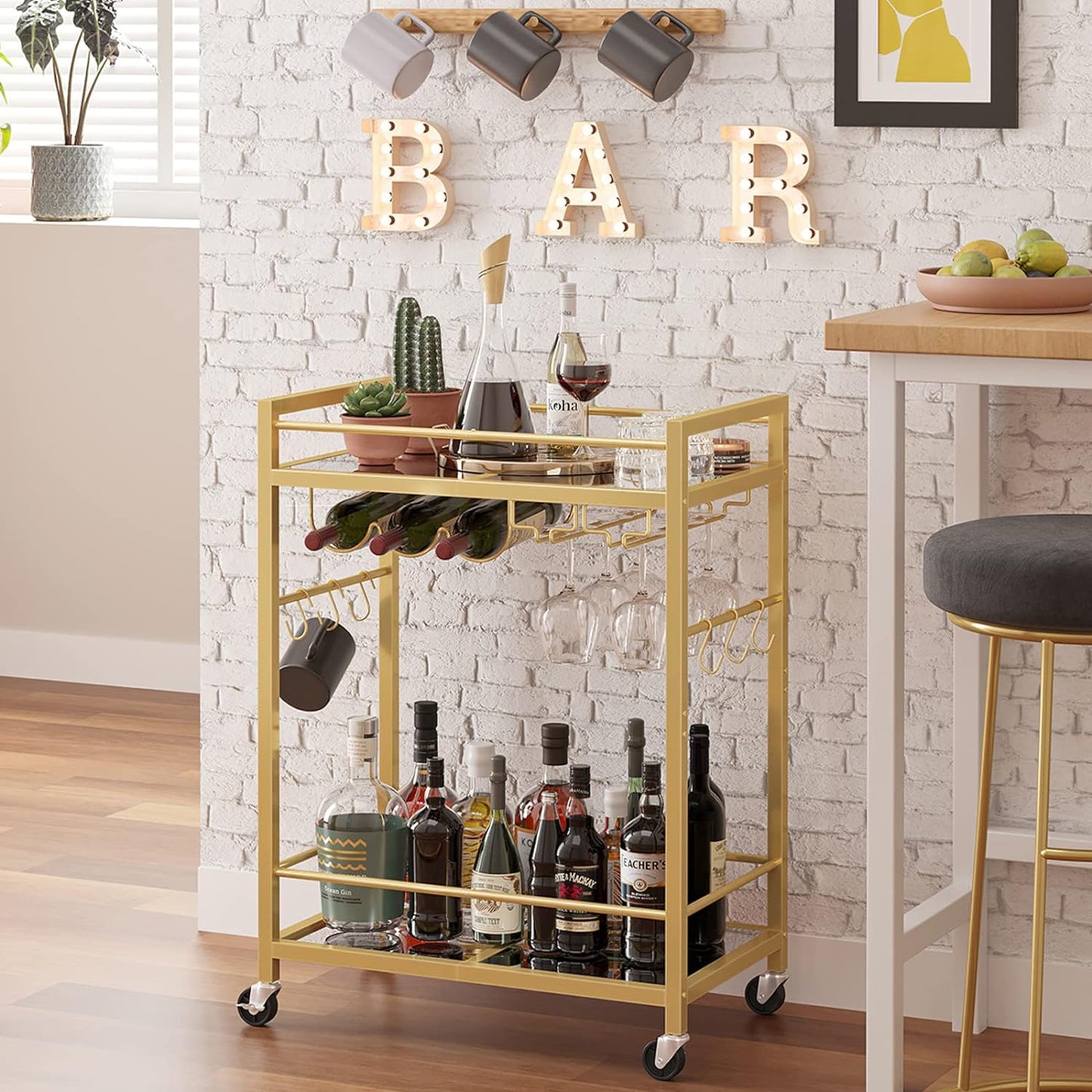 Bar Cart, Serving Cart for Home, Drink Cart, Mobile Kitchen Shelf with Wine Rack and Glass Holder, Rolling Beverage Cart, Gold BC01BB031