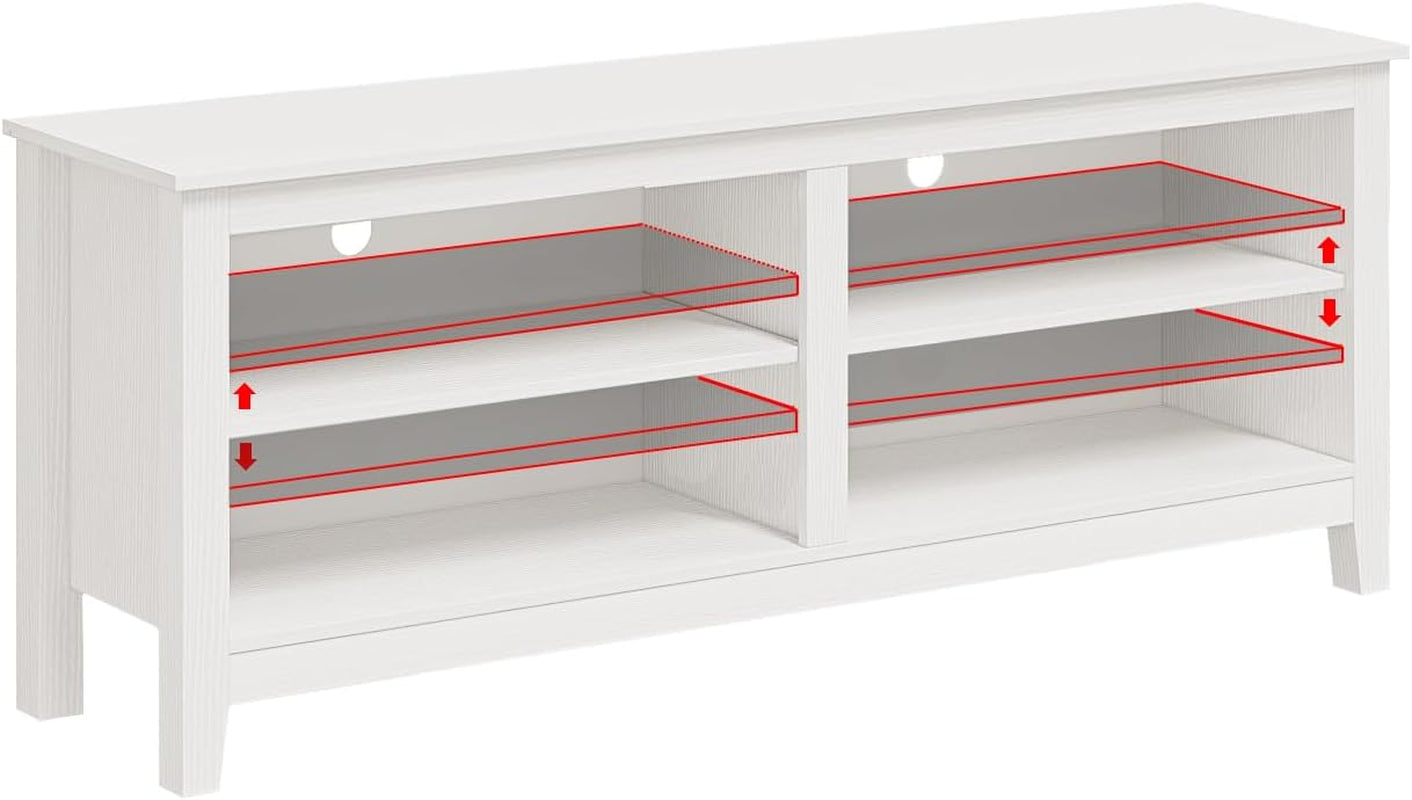 Modern TV Stand for 65 Inch TV, White Wood TV Cabinet with 4 Open Storage Shelves, Fits 50-65 Inch Tvs, 55 Inches W X 15 Inches D X 22.8 Inches H
