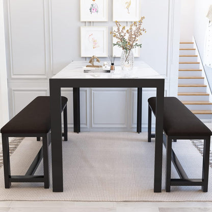 Dining Room Table Set with 2 Benches, Dining Table Set for 4-6, Dinner Table Set for 4, Faux Marble Breakfast Table Set & PU Leather Upholstered Benches for Small Spaces, Apartment, White