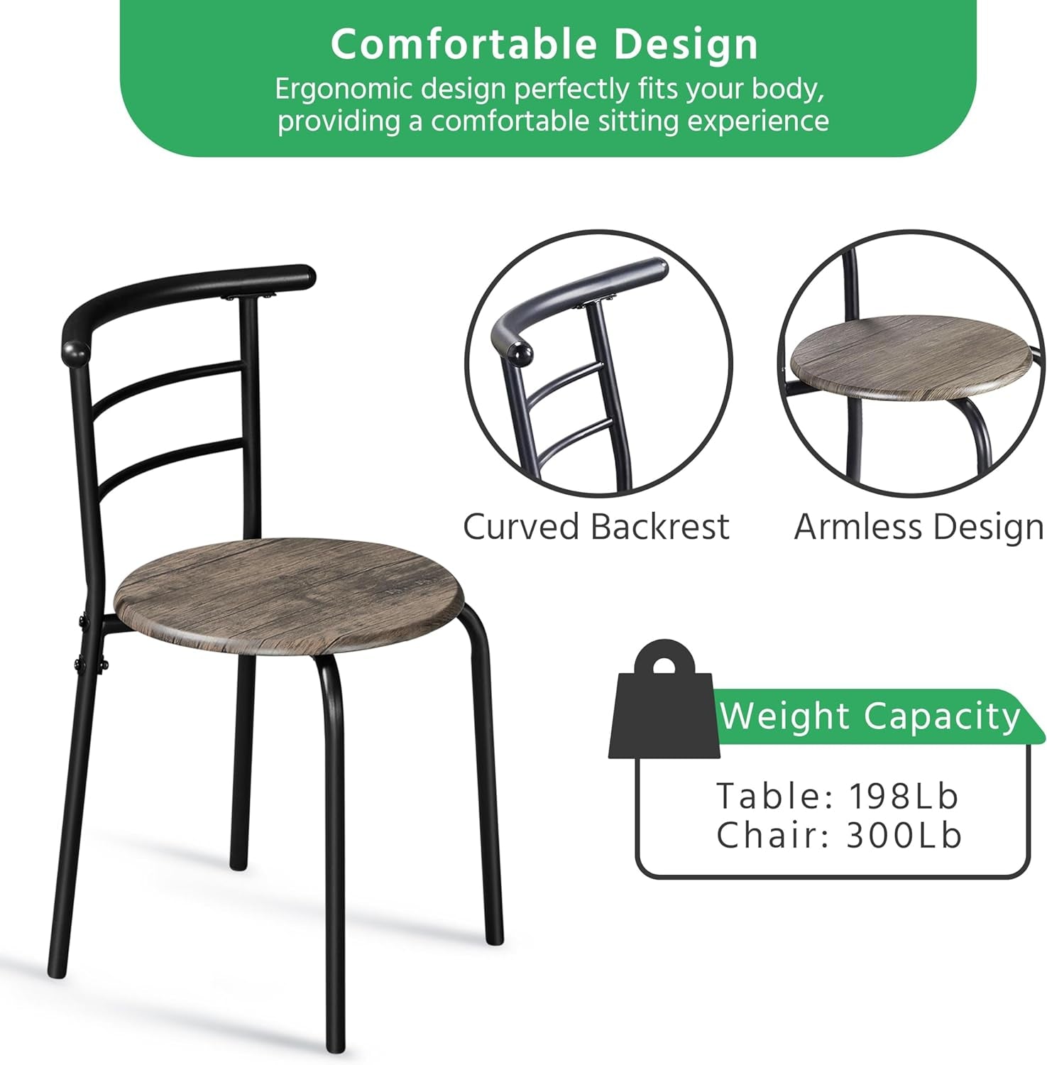 3 Piece Dining Table Set, Kitchen Table & Chair Sets for 2, Compact Bistro Table Set with Steel Legs, Built-In Wine Rack for Small Space, Apartment, Breakfast Nook, Drift Brown
