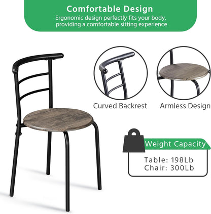 3 Piece Dining Table Set, Kitchen Table & Chair Sets for 2, Compact Bistro Table Set with Steel Legs, Built-In Wine Rack for Small Space, Apartment, Breakfast Nook, Drift Brown