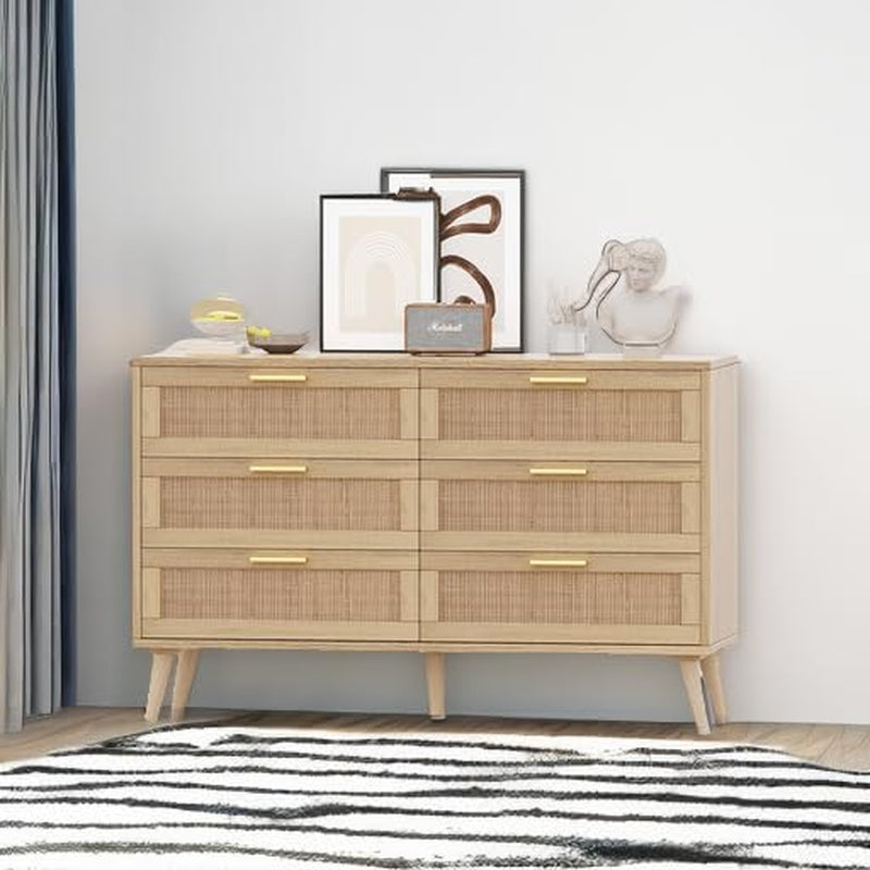 6 Drawer Double Dresser for Bedroom, Rattan Chest of Dressers, Modern Wooden Dresser Chest with Golden Handles, beside Table for Closet, Living Room and Entryway, Natural