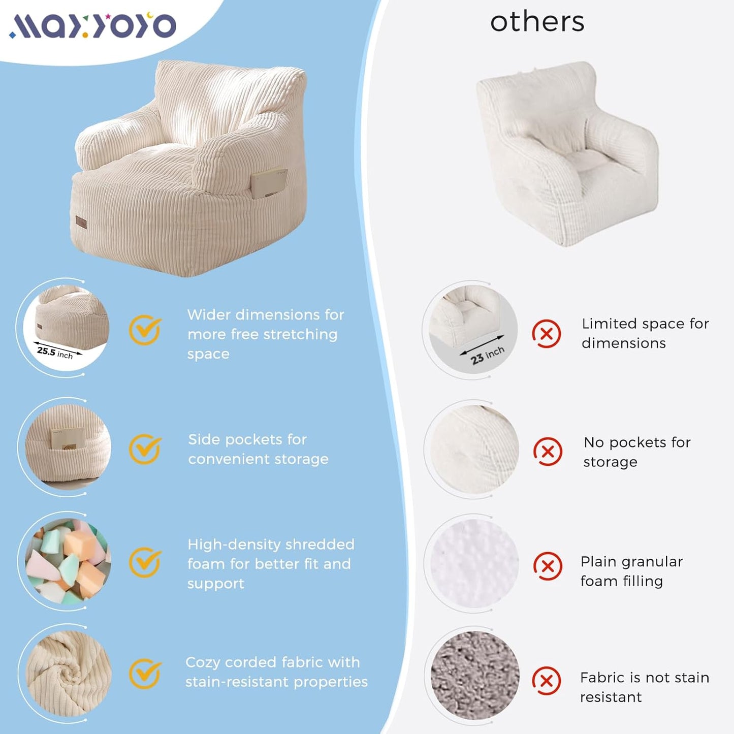 Kids Bean Bag Chair, Stuffed Toddler Bean Bag Sofa with Filler Bean Bag Chair for Boys and Girls, Lazy Sofa with Pocket Floor Chair for Gaming, Reading, Beige