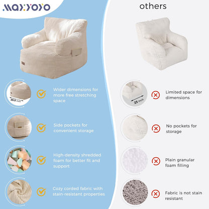 Kids Bean Bag Chair, Stuffed Toddler Bean Bag Sofa with Filler Bean Bag Chair for Boys and Girls, Lazy Sofa with Pocket Floor Chair for Gaming, Reading, Beige