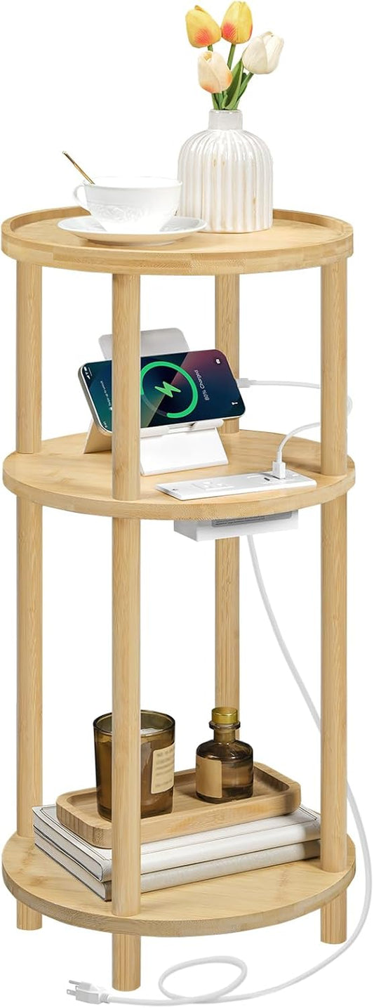 Small round Side Table with Charging Station, 3-Tier round Bamboo End Table, Compact Sofa Bedside Table for Small Space, Easy Assembly, for Living Room, Bedroom, Apartment, Natural YL152UBZ01