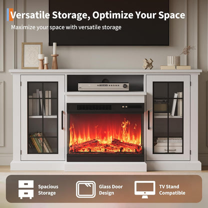 Fireplace TV Stand, 59'' TV Stand with Fireplace, 24'' Electric Fireplace Insert with Realistic 3D Flame Effect and LED Lights, Entertainment Center with Storage, White