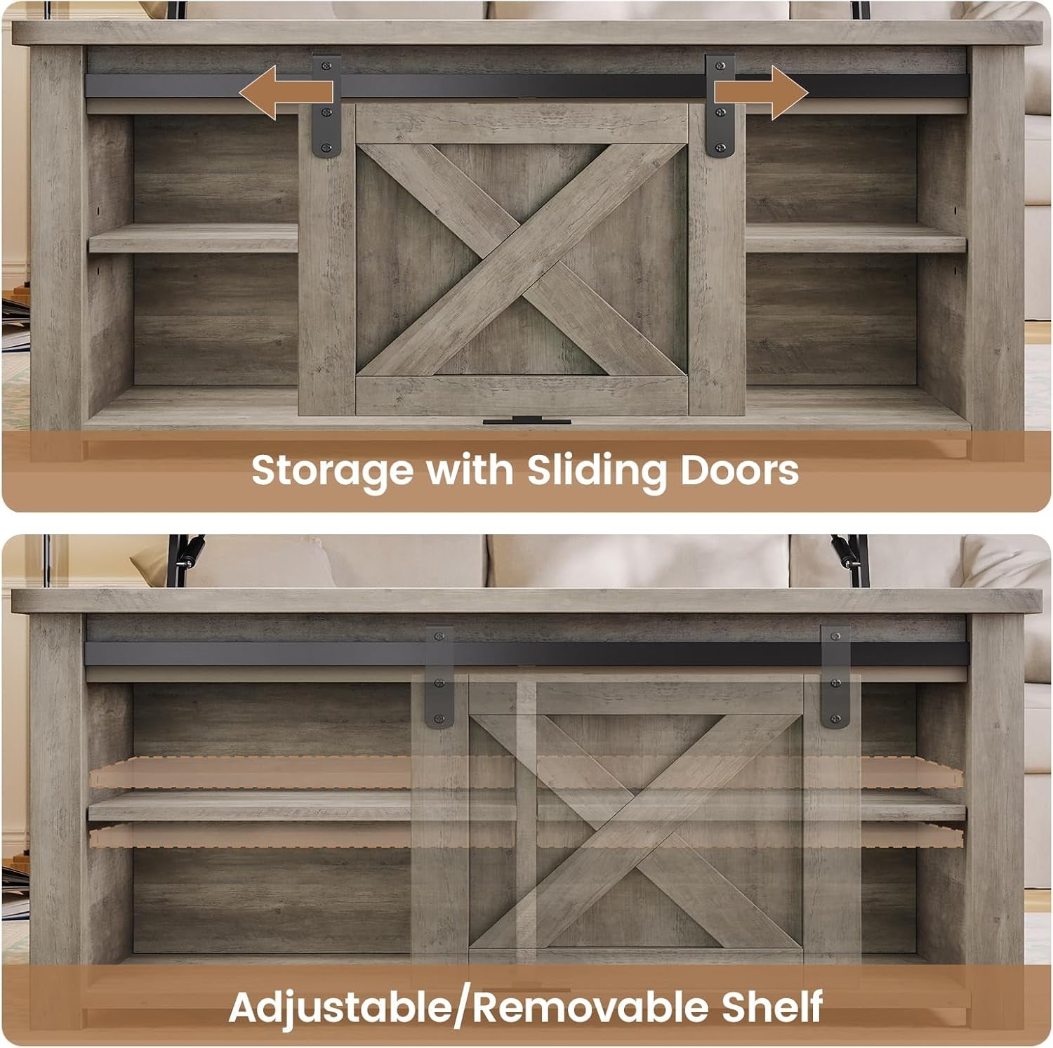 31.5" Lift Top Coffee Table with Storage, Square Coffee Tables for Living Room, Farmhouse Coffee Table with Large Hidden Storage Compartment and Adjustable Shelves, Grey
