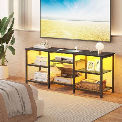 TV Stand for 55 Inch Tvs, Entertainment Center with Movable Shelf Panels, Power Outlet and LED Lights Open Storage Shelves, TV Media Console Table for Living Room and Bedroom, Black