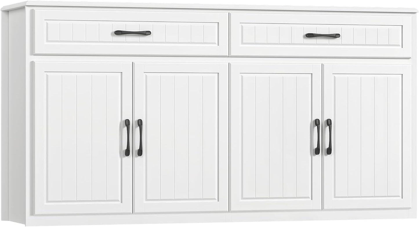 63" Large Sideboard Buffet Cabinet with Storage, Modern Coffee Bar Cabinets with Drawers, Long Kitchen Sideboard Buffets Table for Living Room, Wide Wood Kitchen Buffet Storage Cabinet, White