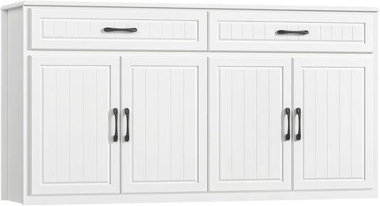 63" Large Sideboard Buffet Cabinet with Storage, Modern Coffee Bar Cabinets with Drawers, Long Kitchen Sideboard Buffets Table for Living Room, Wide Wood Kitchen Buffet Storage Cabinet, White