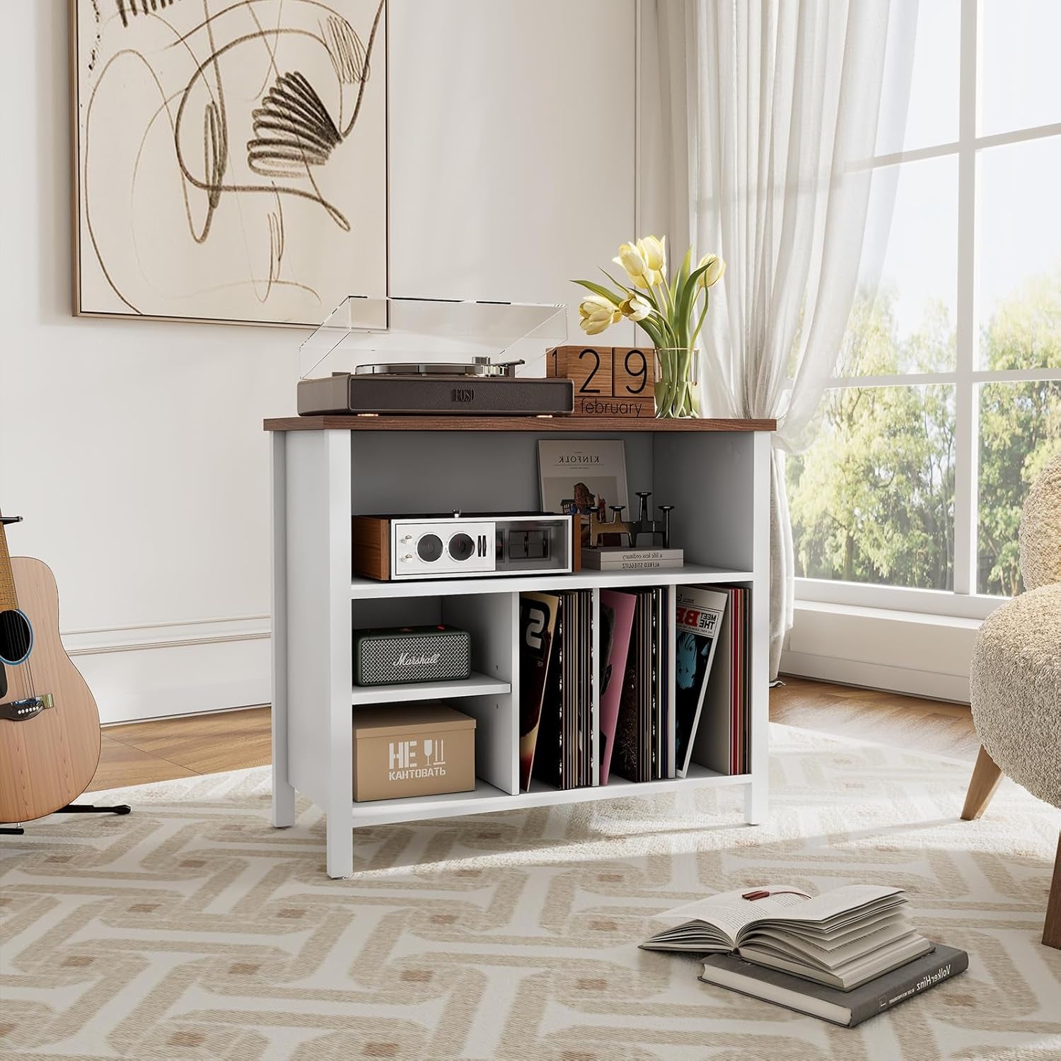 Record Player Stand, Mid-Century Vinyl Record Storage Cabinet, 3-Tier Record Player Holder, Turntable Stand with 4 Cabinet up to 220 Albums, End Table for Bedroom Music Room Living Room, White