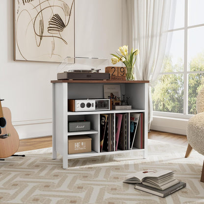 Record Player Stand, Mid-Century Vinyl Record Storage Cabinet, 3-Tier Record Player Holder, Turntable Stand with 4 Cabinet up to 220 Albums, End Table for Bedroom Music Room Living Room, White
