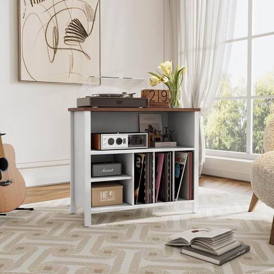 Record Player Stand, Mid-Century Vinyl Record Storage Cabinet, 3-Tier Record Player Holder, Turntable Stand with 4 Cabinet up to 220 Albums, End Table for Bedroom Music Room Living Room, White