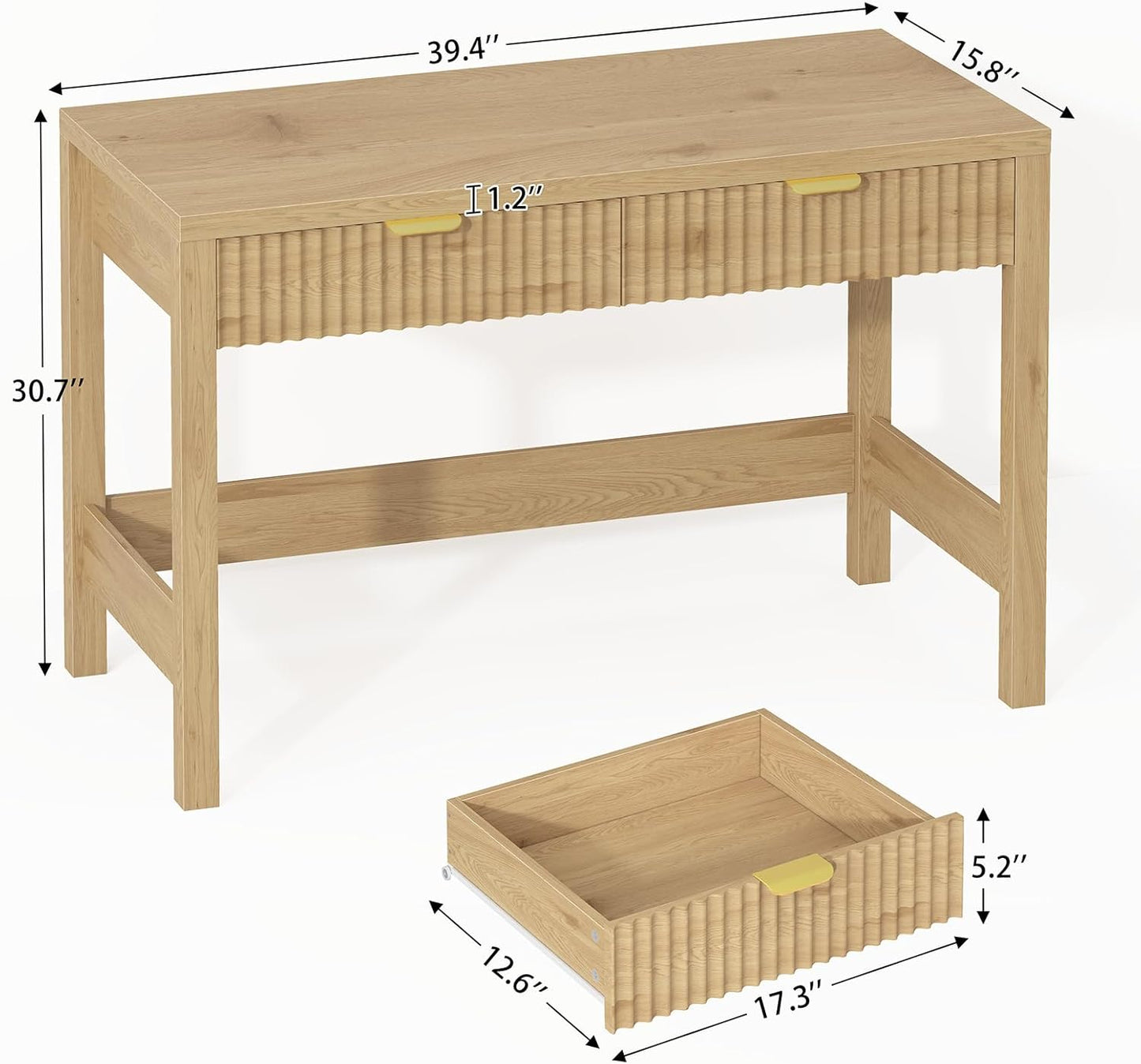 Fluted Computer Desk with 2 Drawers, 39 Inch Small Computer Desk with Storage, Compact Writing Study Desk for Small Spaces