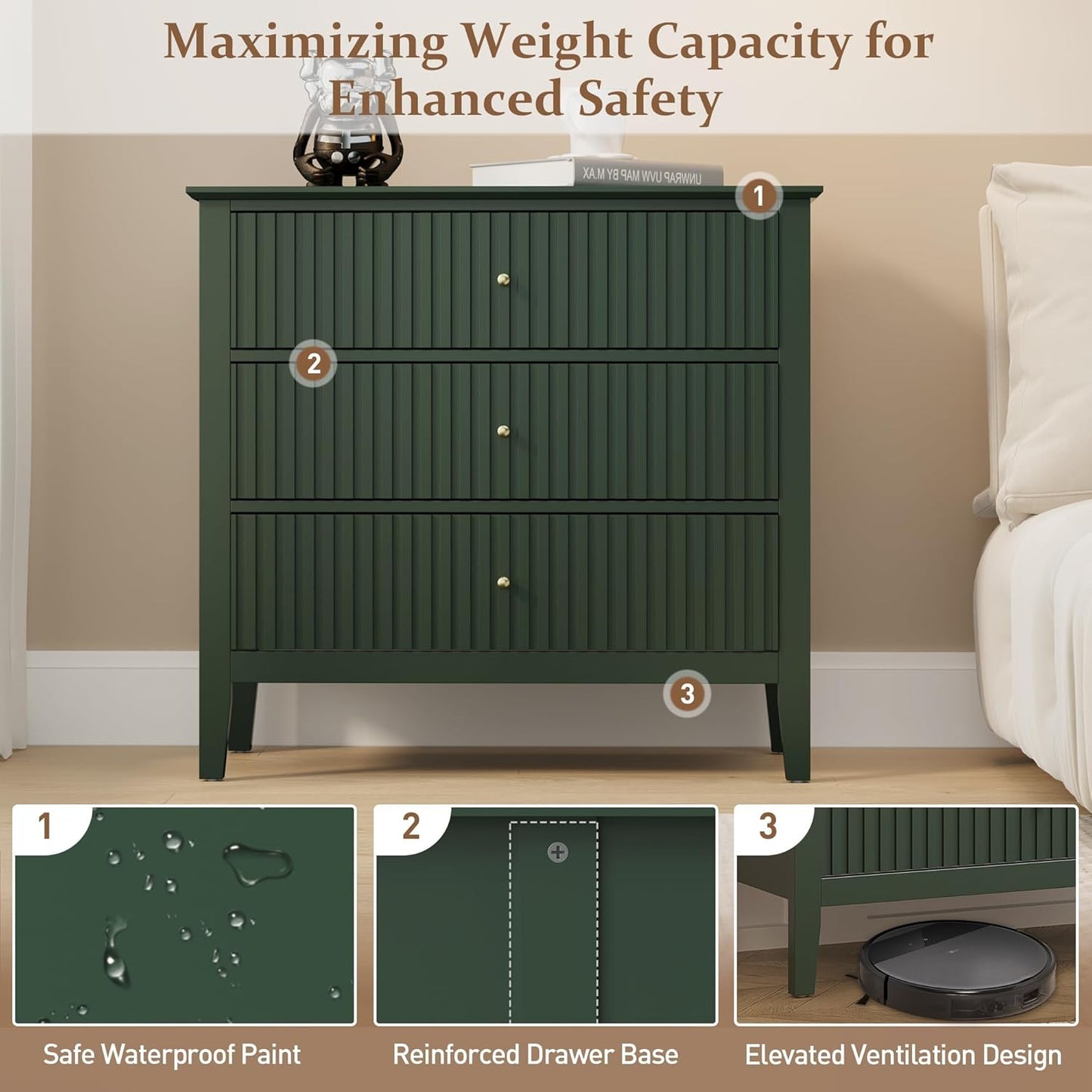 Dark Green Fluted 3 Drawer Dresser, 32 Inch Wide Dresser Nightstand for Bedroom, Modern Wood Chest of Drawers, Large Painted Nightstand with 3 Drawers for Closet, Hallway, Entryway