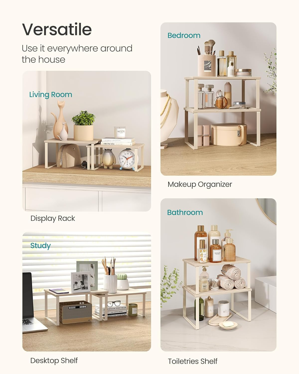 Cabinet Organizer Shelf, Set of 2 Kitchen Counter Shelves, Kitchen Storage, Spice Rack, Stackable, Expandable, Metal and Engineered Wood, Travertine Beige and Cream White UKCS020L01