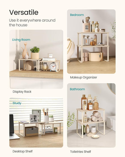 Cabinet Organizer Shelf, Set of 2 Kitchen Counter Shelves, Kitchen Storage, Spice Rack, Stackable, Expandable, Metal and Engineered Wood, Travertine Beige and Cream White UKCS020L01
