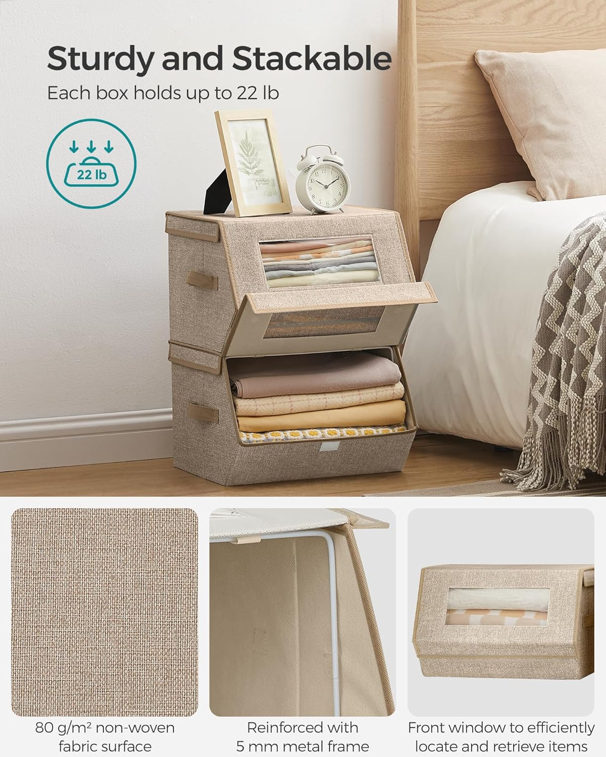 Stackable Storage Bins Set of 2, Storage Boxes with Lids and Front Windows, Non-Woven Fabric Closet Organizers with Magnetic Closures, Side Handles, Sand Beige URLB002Y01