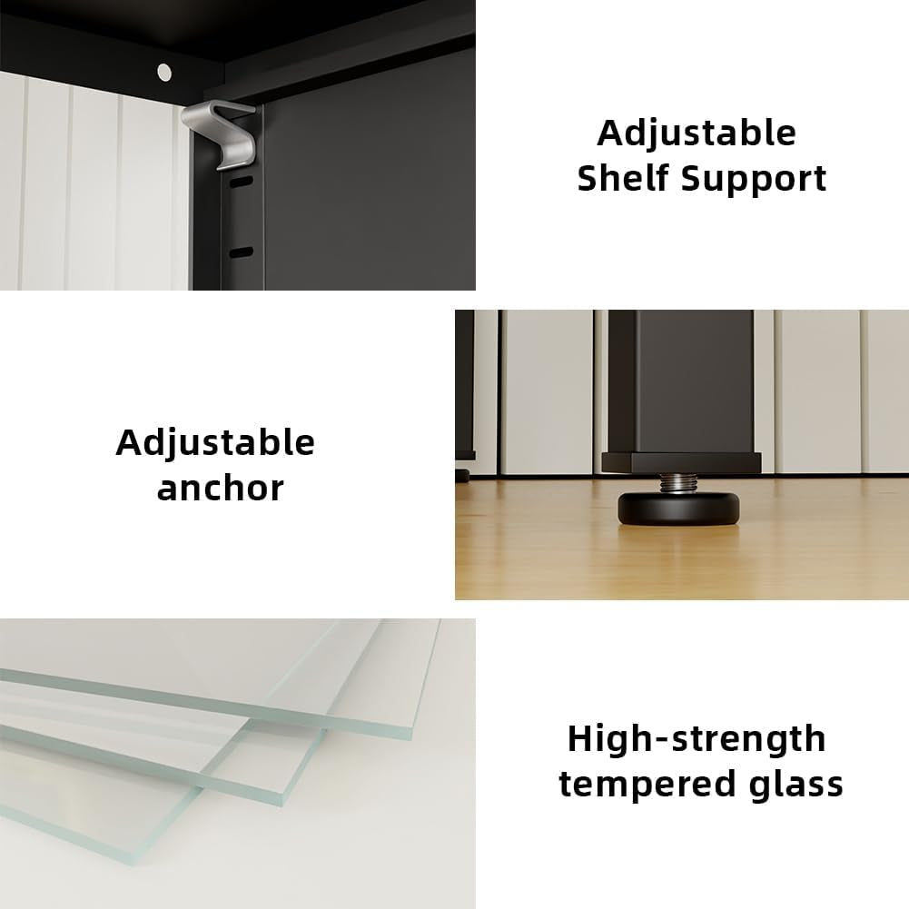 Display Cabinet with Glass Doors,4-Tier Curio Cabinet with Adjustable Shelves,Display Cases for Plant, Book Bathroom, Living Room, Collectibles Figure,Black