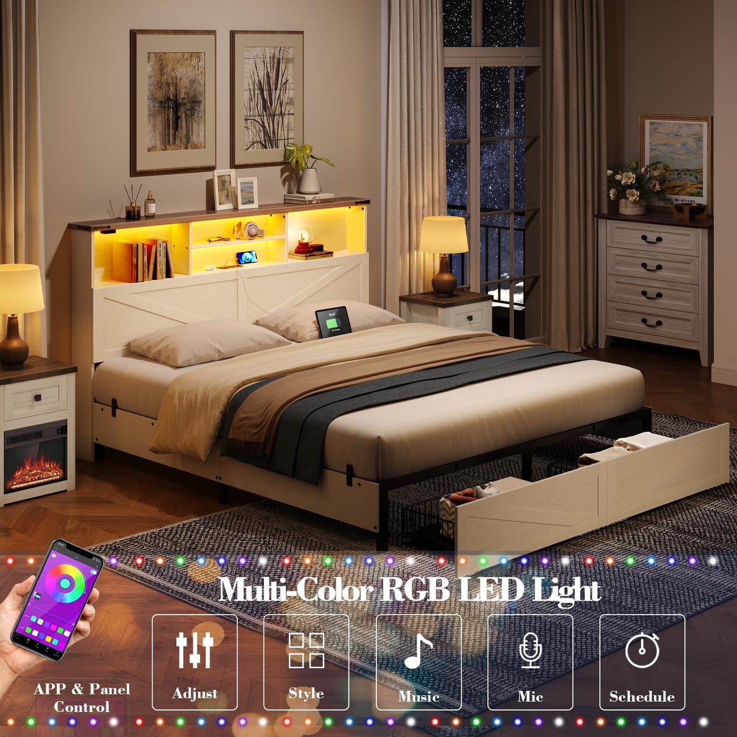 Full Size Bed Frame with Bookshelf, High Headboard with Charging Station and LED Light, Farmhouse Bed with Storage Drawers, No Box Spring Needed, Noise Free, Easy Assembly, Antique White