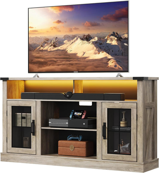 Farmhouse TV Stand for 65 Inch TV, Tall Entertainment Center with LED Lights & Storage Cabinets, TV Media Console Table with Adjustable Shelf for Living Room, Bedroom, Home Theater, Gray Oak