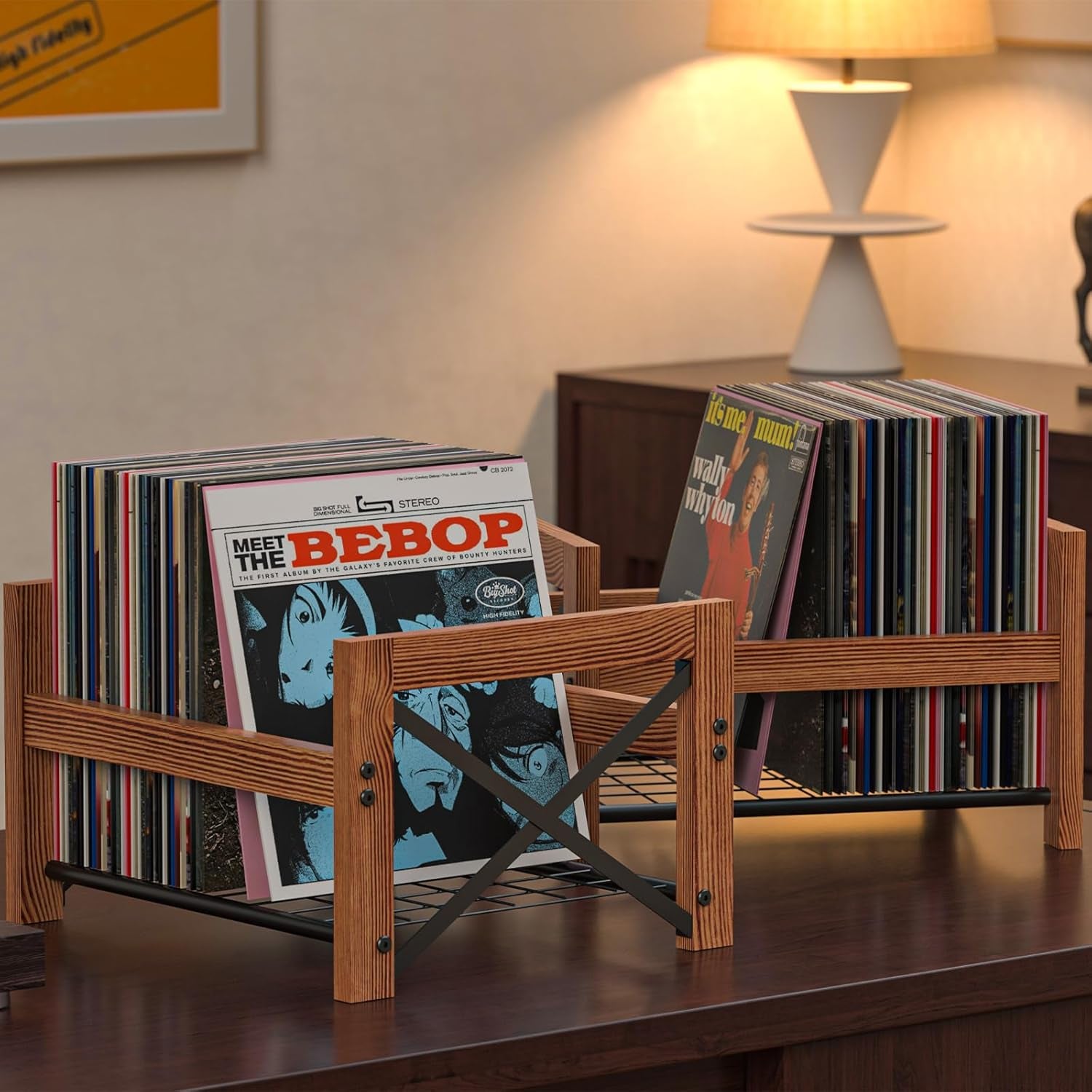 Vinyl Record Holder – 1 Pack Only – Fits 7"–12" Albums, Holds 50–100 Records, Dvds, or Cds – Modern Wooden Storage Stand, File Organizer Rack, Brown