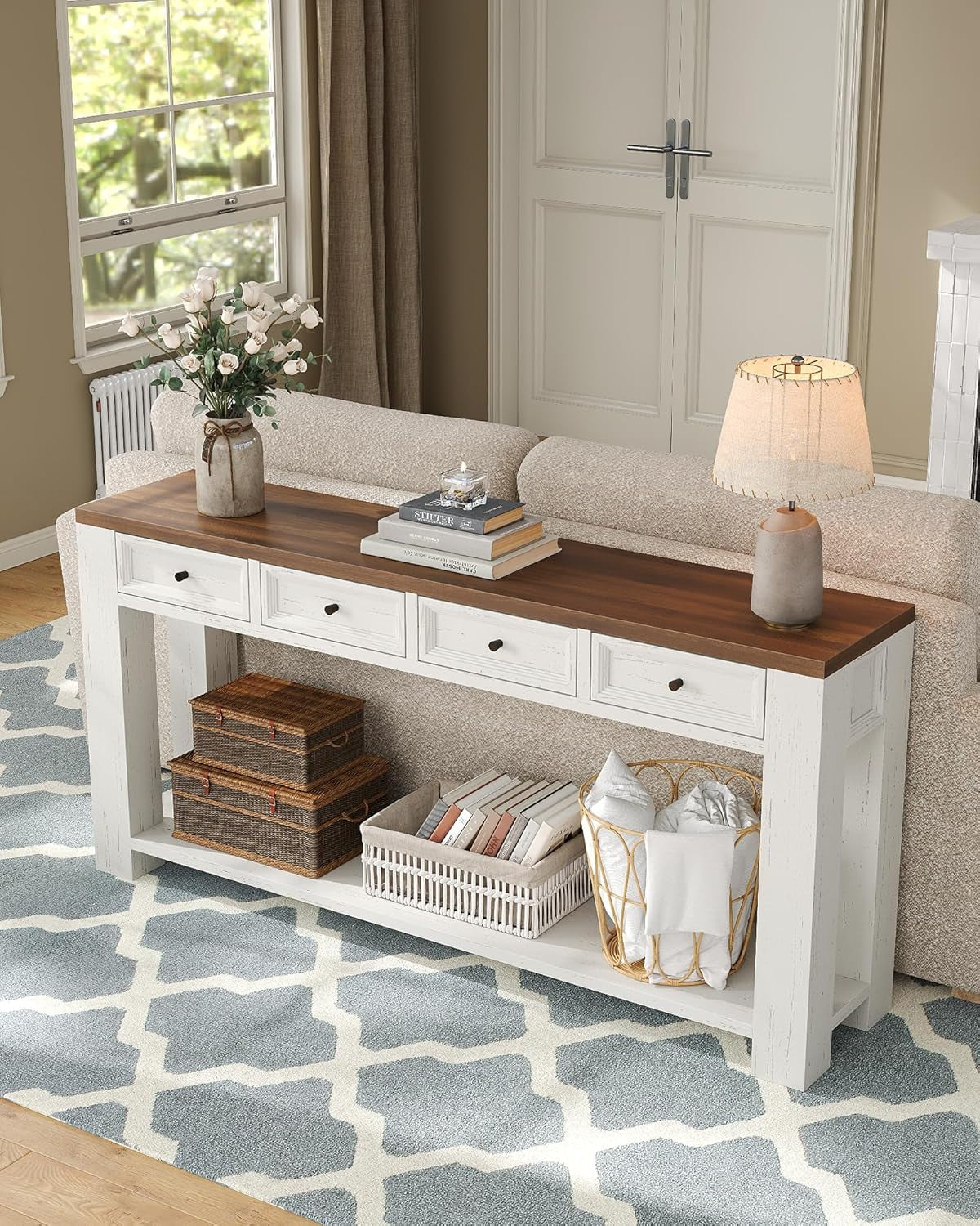 63 Inch Console Table, Sofa Table behind Couch, Entryway Table with 4 Drawers & Open Shelf, Farmhouse Sofa Table for Living Room (White)