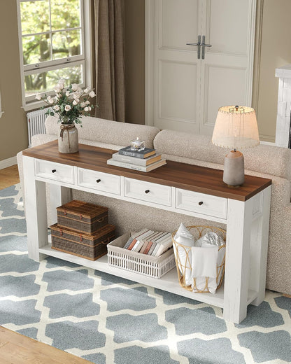 63 Inch Console Table, Sofa Table behind Couch, Entryway Table with 4 Drawers & Open Shelf, Farmhouse Sofa Table for Living Room (White)