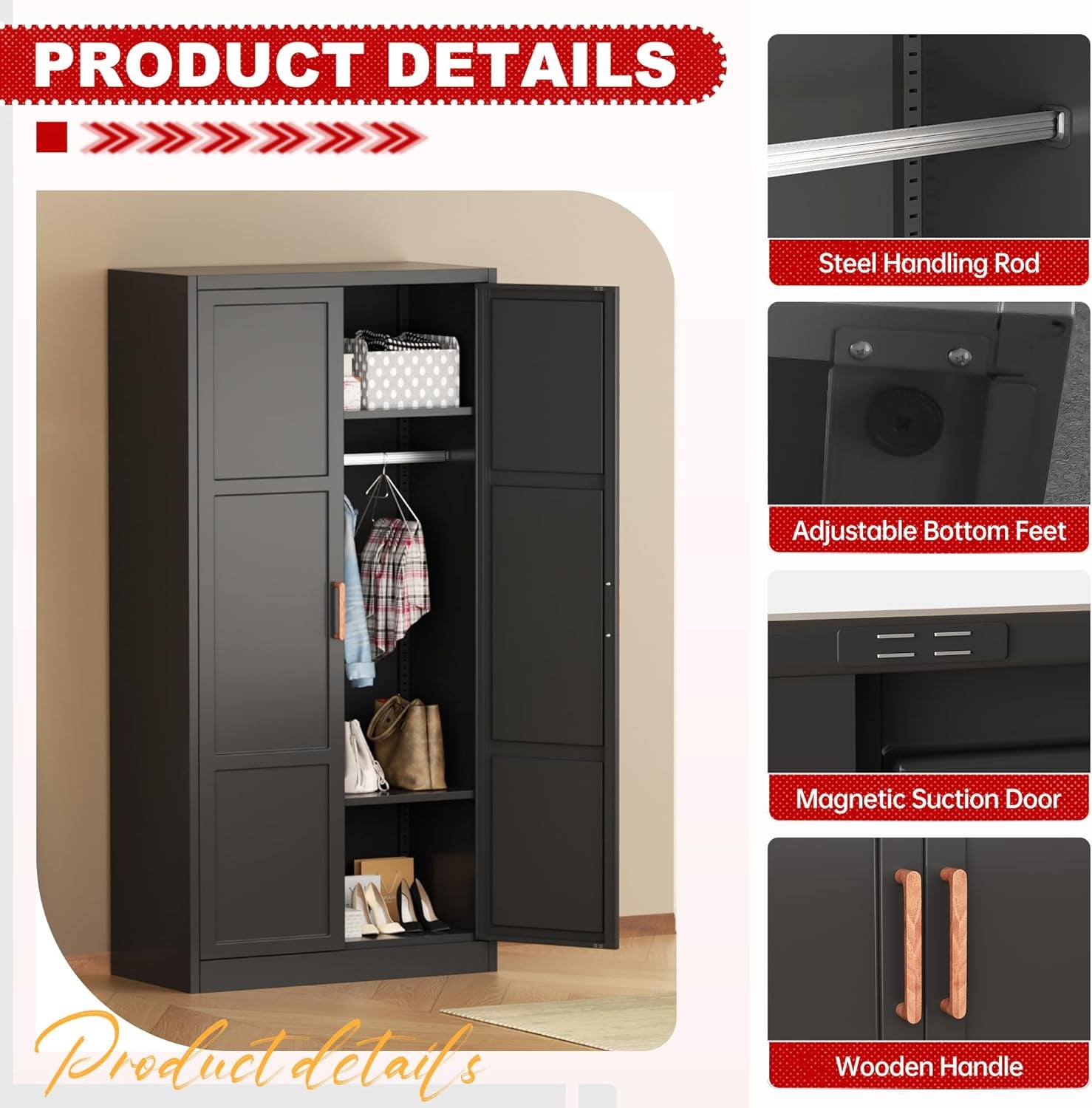 Metal Wardrobe Closet, 72" H Bedroom Armoires with Wooden Handle, Storage Cabinet with Adjustable Shelves and Hanging Rods, Steel Storage Locker Closet for Home, Office, Employee, Gym (Black)