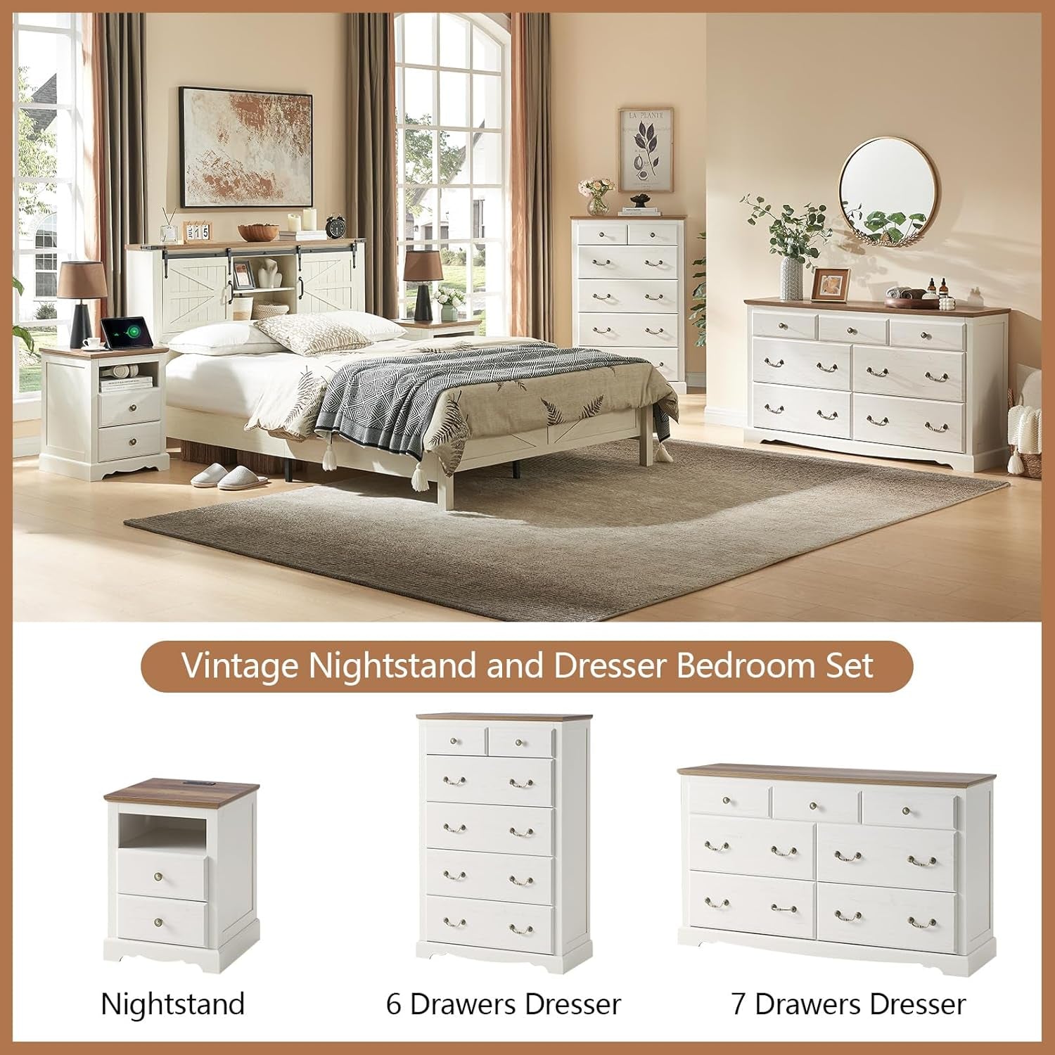 Farmhouse 3 Pieces Bedroom Sets, Include 54" Wide 7 Drawers Dresser, Nightstand Set of 2 with Charging Station, Rustic Retro Bedroom Furniture Set, White