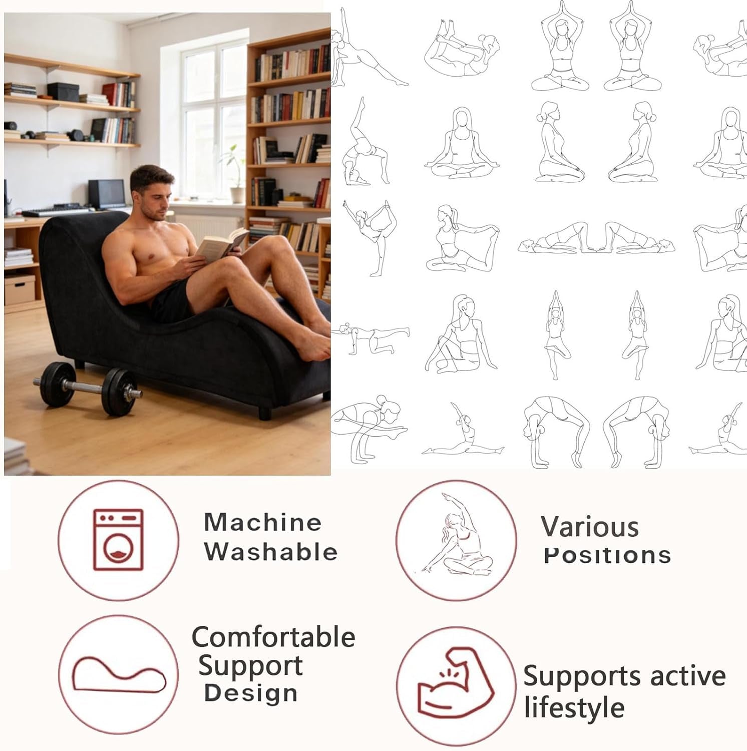 Chaise Lounge Chair, Ergonomic Chair for Stretching, Relaxation, Exercise with Padded Sponge, Removable & Washable, Non-Slip Bottom for Bedroom, Living Room, Black