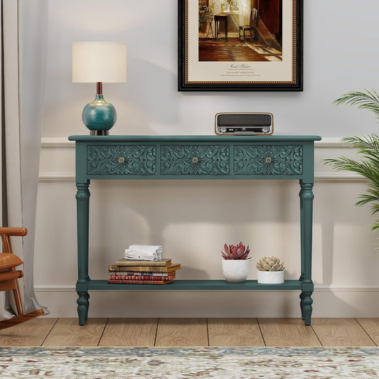 Entryway Console Table with 3 Drawers，42" Carved Hallway Table with Open Shelf，Long Sofa Table for Living Room, Hallway, behind Couch,Green