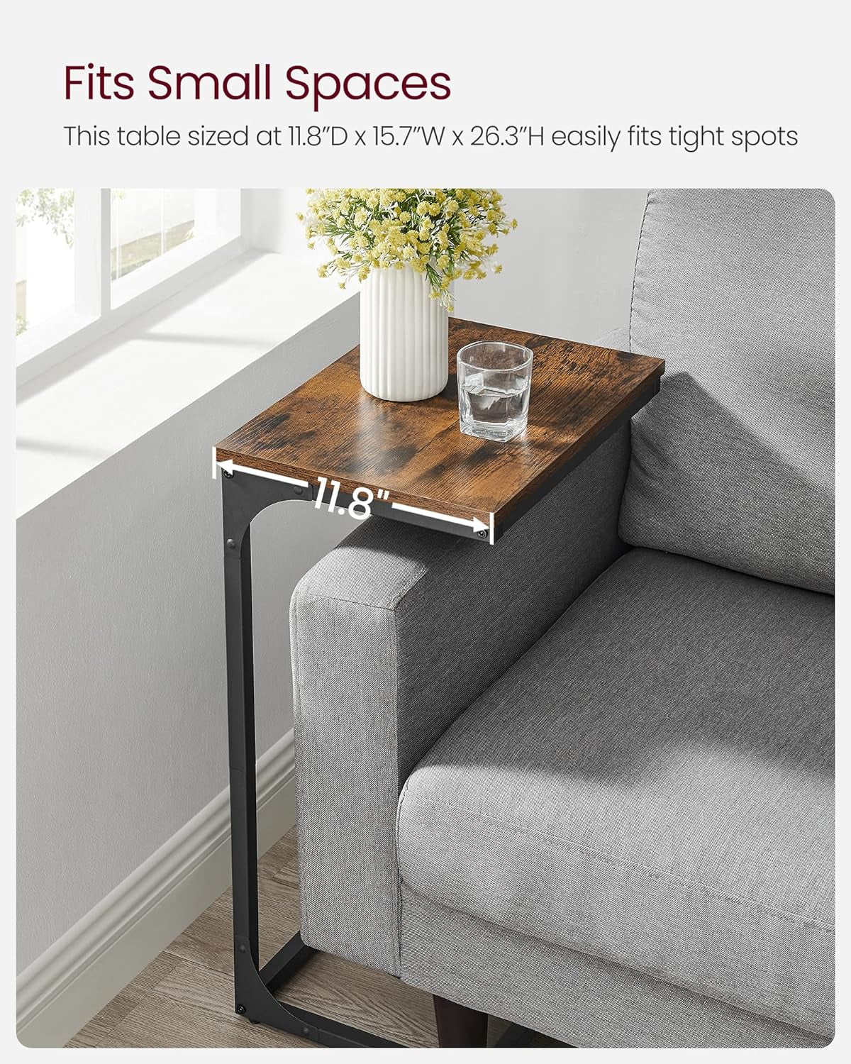 C-Shaped End Table, Side Table for Sofa, Couch Table with Metal Frame, Small TV Tray Table for Living Room, Bedroom, Rustic Brown and Black