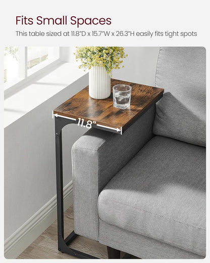 C-Shaped End Table, Side Table for Sofa, Couch Table with Metal Frame, Small TV Tray Table for Living Room, Bedroom, Rustic Brown and Black