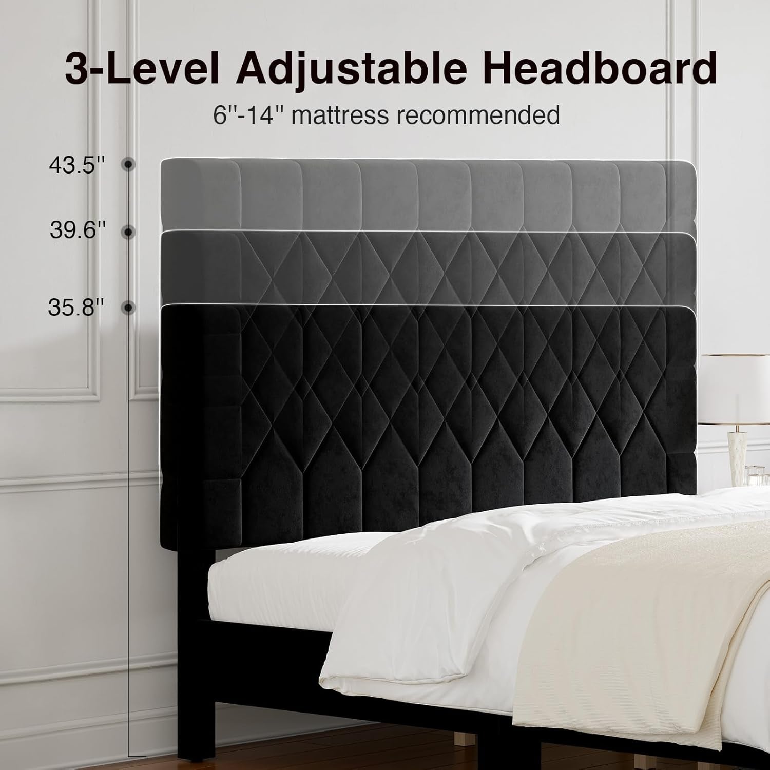 King Size Bed Frame, King Bed Frame and Headboard, Velvet Upholstered Pull-Point Bed Frames, No Box Spring Needed, Heavy Duty Feet, Easy Assembly, Black Velvet