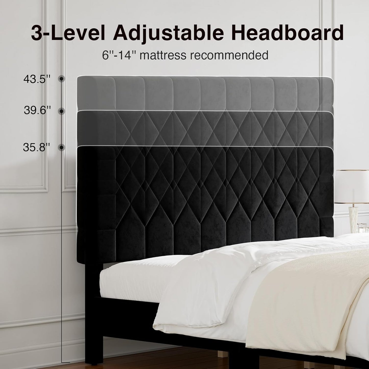 Queen Bed Frame with Headboard, Bed Frame Queen Size with Wood Slats Support, Velvet Upholstered Pull-Point Headboard, No Box Spring Needed, Heavy Duty Feet, Easy Assembly, Black Velvet