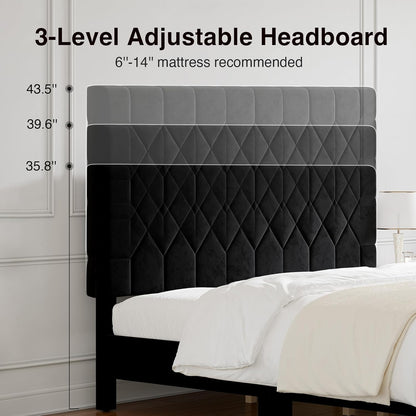 Queen Bed Frame with Headboard, Bed Frame Queen Size with Wood Slats Support, Linen Upholstered Pull-Point Headboard, No Box Spring Needed, Heavy Duty Feet, Easy Assembly, Beige