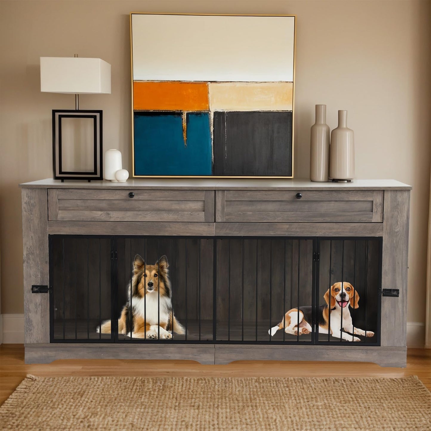 Dog Crate Furniture, Heavy Duty Dog Kennel Furniture for Medium Dogs, Wooden Double Dog Kennel Furniture with 2 Storage Drawers, Tv Stand Dog Cage with Power Outlet (Grey, 71”)