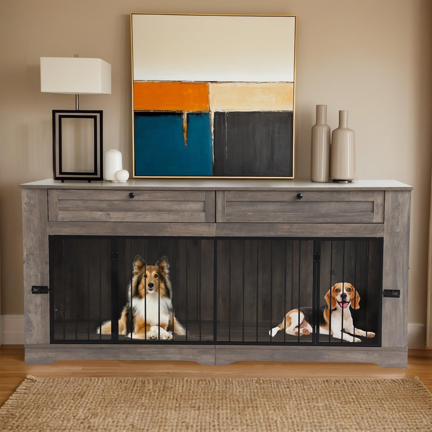 Dog Crate Furniture, Heavy Duty Dog Kennel Furniture for Medium Dogs, Wooden Double Dog Kennel Furniture with 2 Storage Drawers, Tv Stand Dog Cage with Power Outlet (White, 71”)