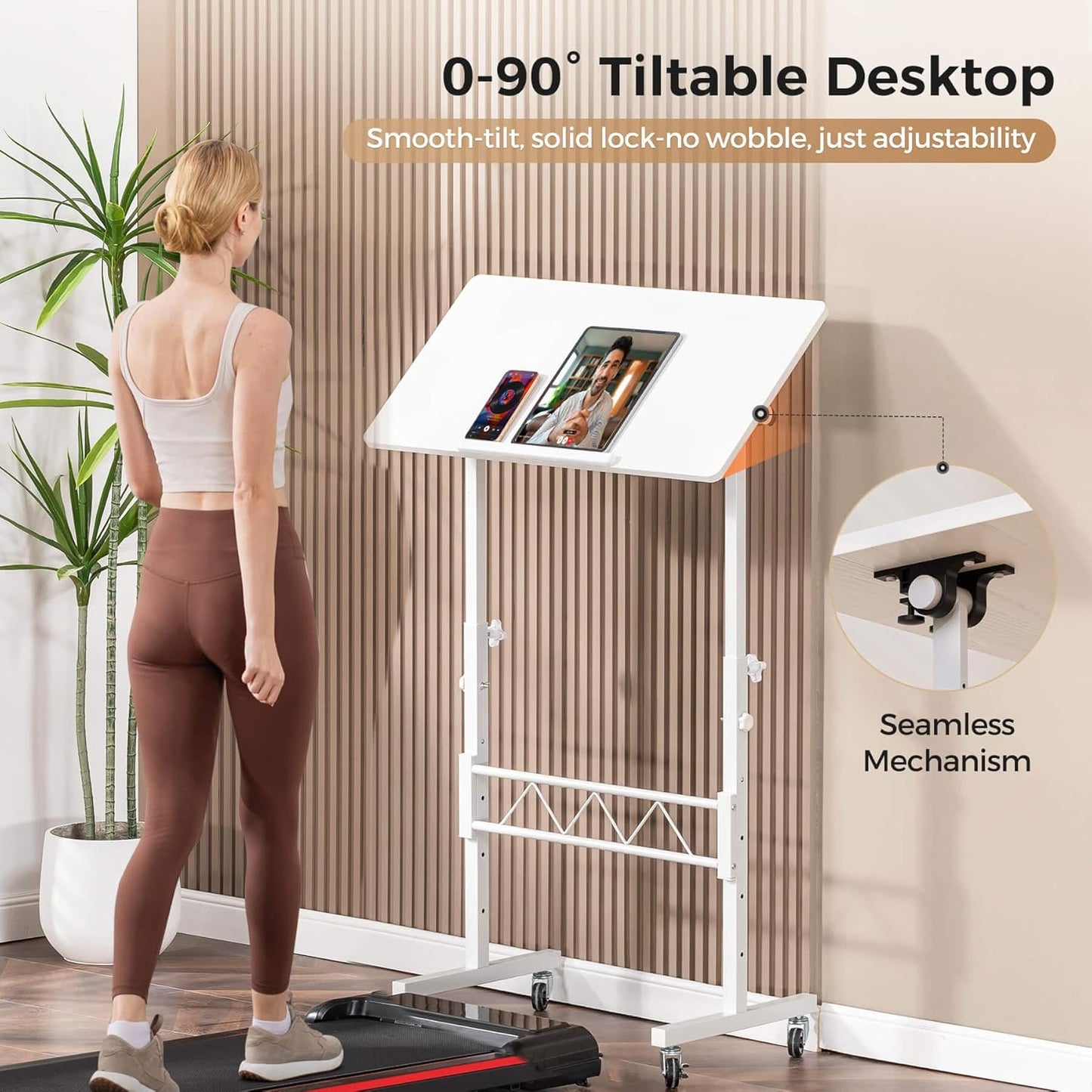 Small Standing Desk Adjustable Height & Tiltable Tabletop, Mobile Stand up Desk for Laptop, Portable Computer Table for Home Office Work and Walking Pad Treadmill, Height 30.7"-46.4", White
