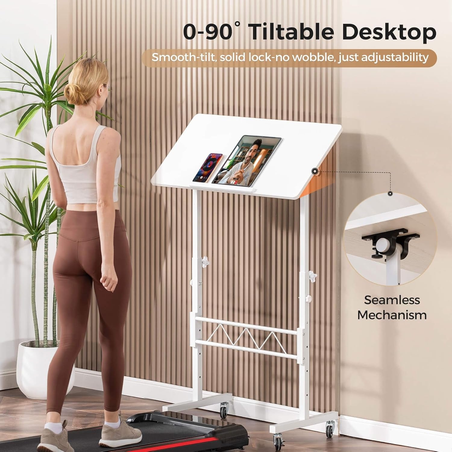 Small Standing Desk Adjustable Height & Tiltable Tabletop, Mobile Stand up Desk for Laptop, Portable Computer Table for Home Office Work and Walking Pad Treadmill, Height 30.7"-46.4", White