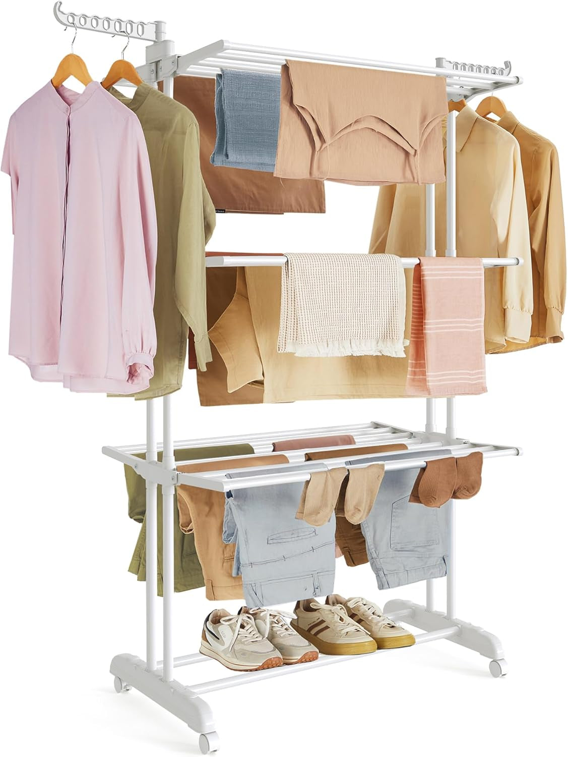 Clothes Drying Rack Stand 4-Tier, Foldable Laundry Drying Rack 68.1-Inch Tall, Stainless Steel, Rolling Clothes Horses Dryer Rack, Easy to Assemble, Indoor Outdoor Use, Cloud White ULLR701W03